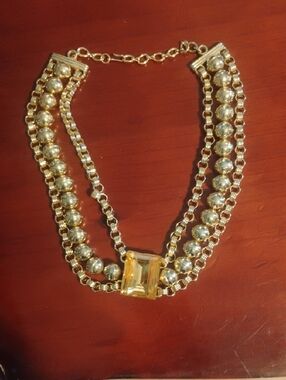 Vintage Gold Triple-Strand Necklace with Yellow Stone Centerpiece